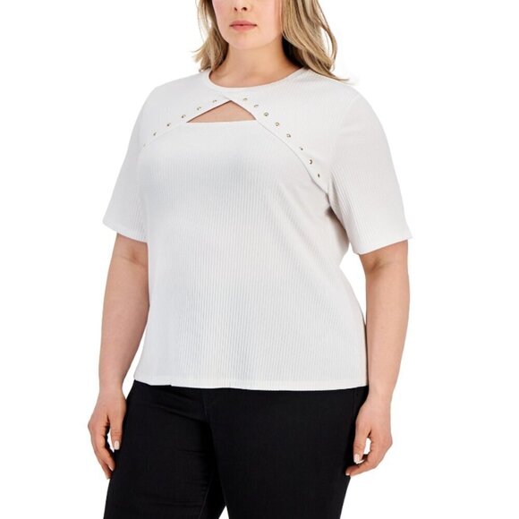 INC International Concepts Plus Size White Ribbed Studded Top NWT - Picture 1 of 5
